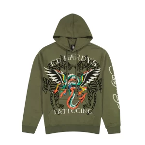 DRAGON WINGS OLIVE PULLOVER HOODIE